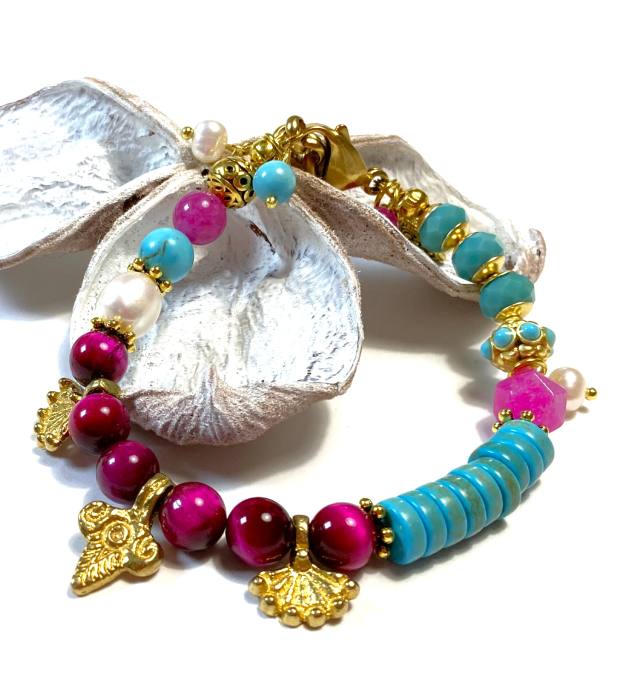 handgemaakte armband goud roze tijgeroog 1