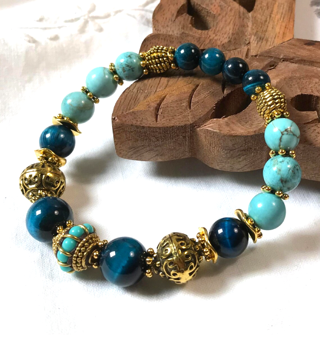 Boho Turquoise & Petrol Blauwe Armband met Tijgeroog
