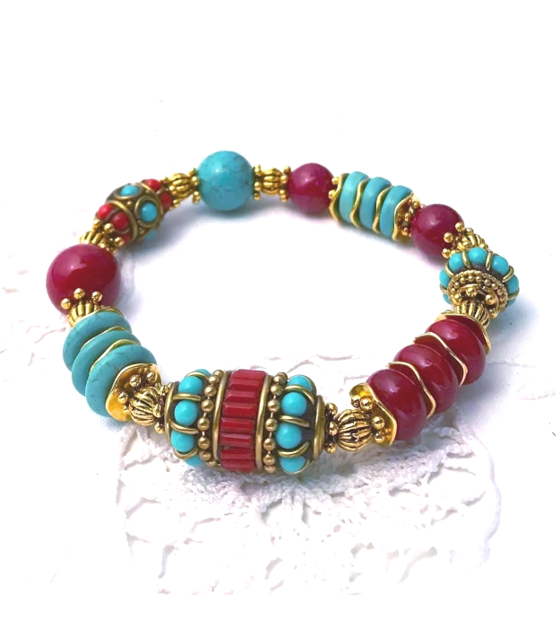 Rood met Turquoise Boho stretch armband