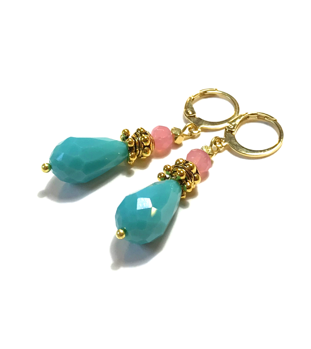 turquoise met roze druppel oorbellen
