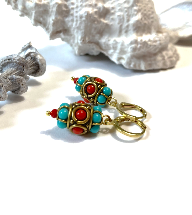 Rood, Goud & Turquoise boho Oorbellen