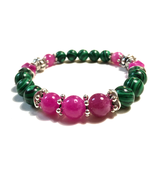 Boho Stretch Armband met Roze Toermalijn & Malachiet