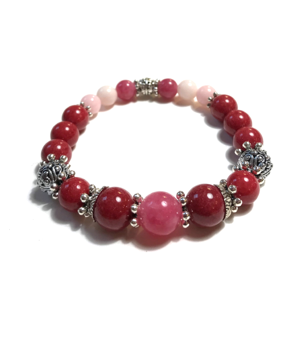Donkerrood en Roze Stretch Armband met Halfedelstenen in zilver