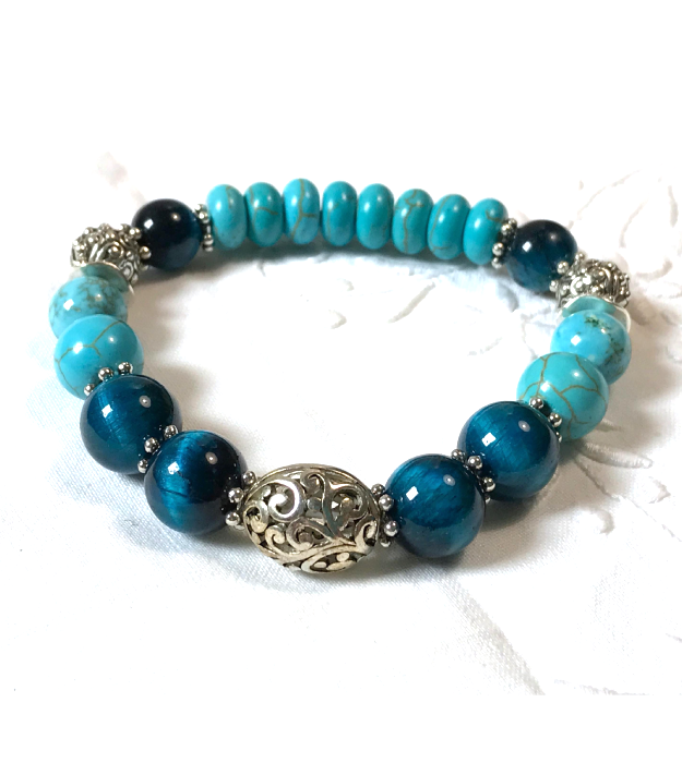 Turquoise Boho Stretch Armband met petrol blauwe Tijgeroog