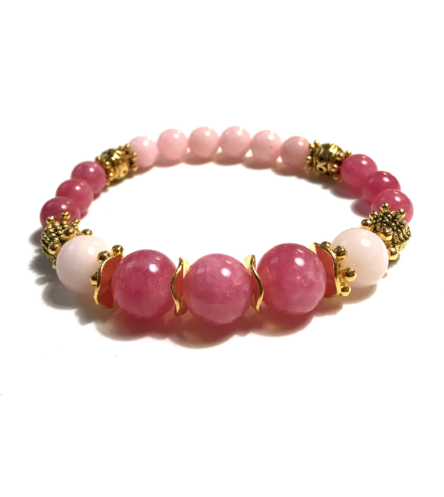Roze Stretch Armband met Halfedelstenen in goud