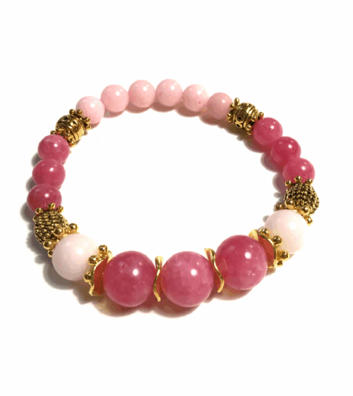 Roze Stretch Armband met Halfedelstenen in goud 1