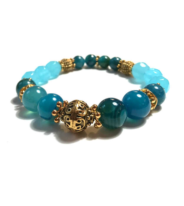Blauwe Stretch Armband met Halfedelstenen in goud