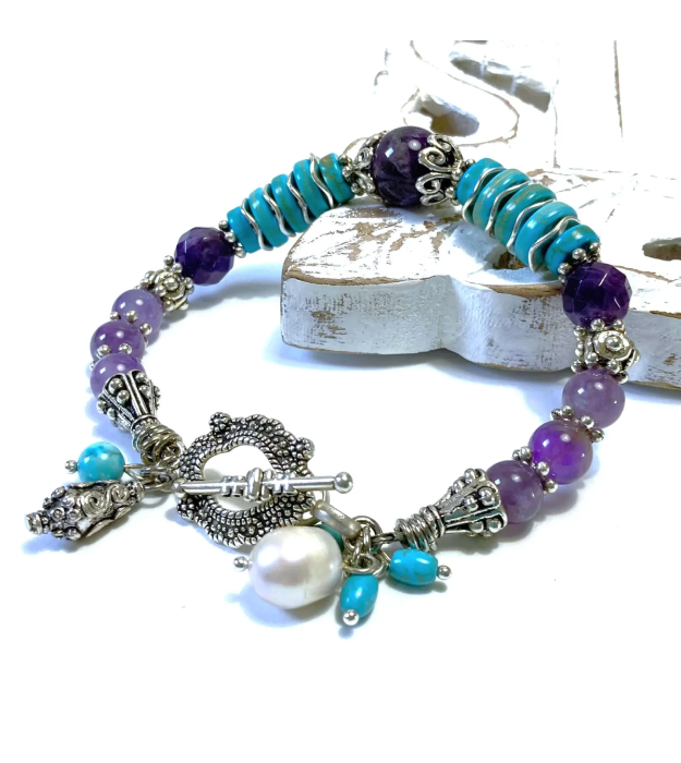 Paars met turquoise armband met Amethist in zilver