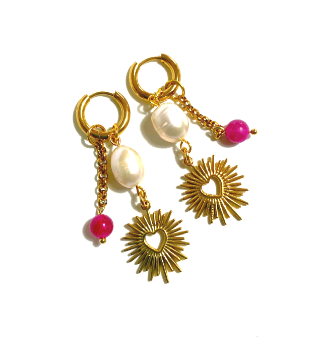 Gouden RVS Huggie Oorbellen met Stralend Hart bedels