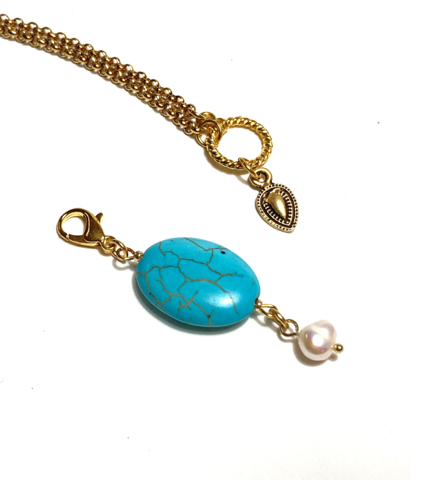 Turquoise hanger met zoetwaterparel in goud - Afbeelding 4