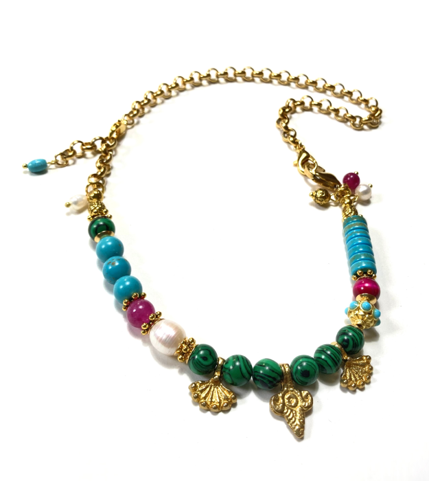 Handgemaakte ketting goud met groen turquoise en roze