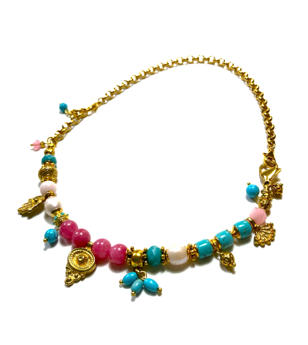 Handgemaakte Roze ketting met Halfedelstenen in goud