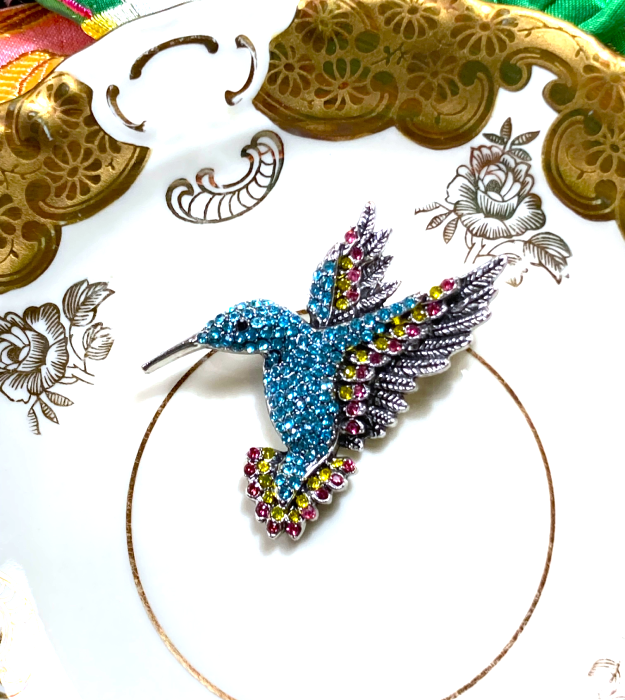 Lichtblauwe Vogel Broche met Strass Kolibri