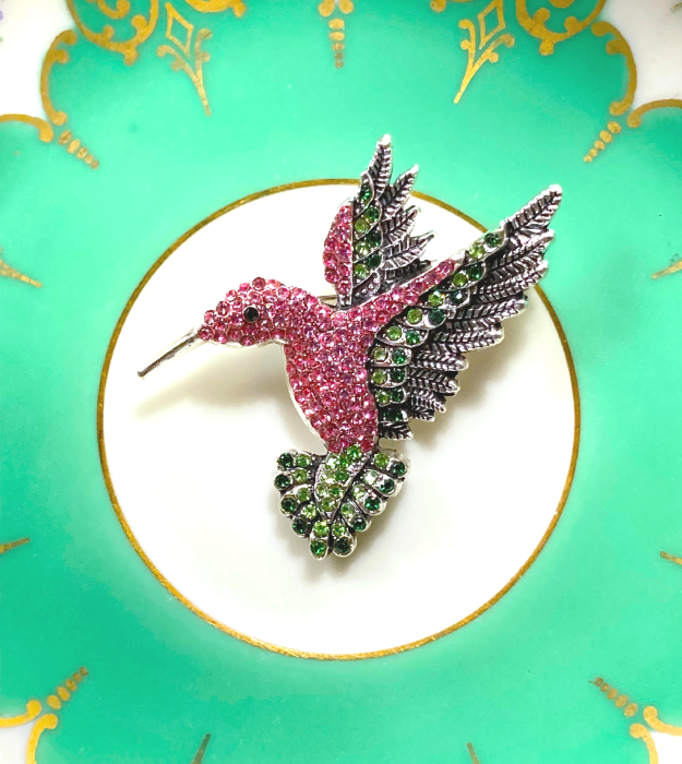 Roze Vogel Broche met Strass Kolibri
