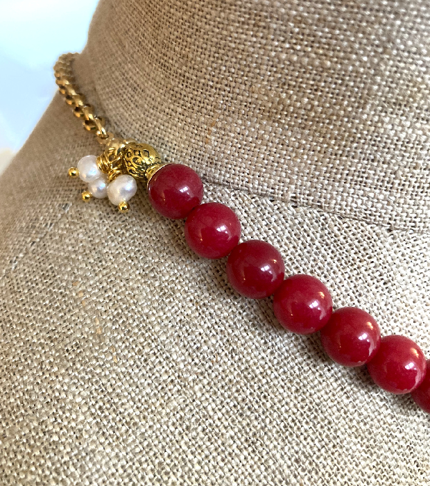 Rode Jade Ketting met Zoetwaterparels en Bamboe Koraal in goud - Afbeelding 4