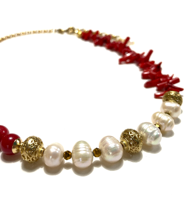 Rode Jade Ketting met Zoetwaterparels en Bamboe Koraal in goud - Afbeelding 2