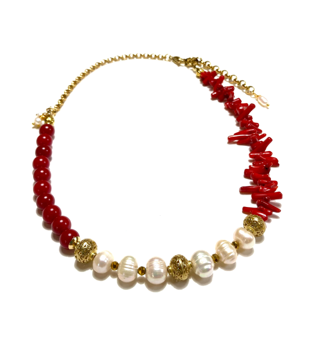 Rode Jade Ketting met Zoetwaterparels en Bamboe Koraal in goud 2 Rode Jade Ketting met Zoetwaterparels en Bamboe Koraal in goud 2