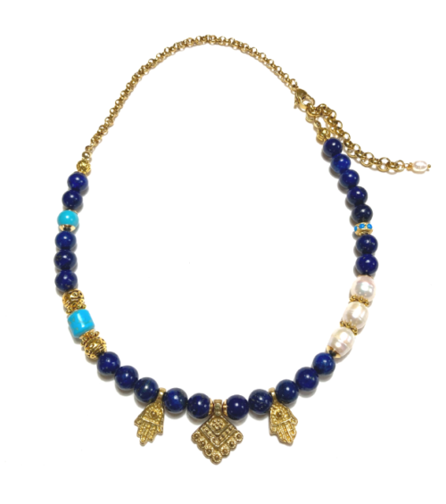 Blauwe Lapis Ketting met Hamsa Bedels in goud
