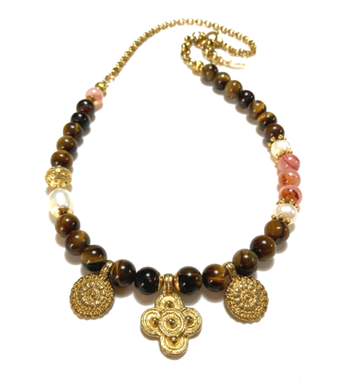 Bruin met Roze Tijgeroog Ketting met Bedels in goud